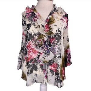 Anthropologie‎ Lapis Floral Ruffle Front Sheer Women's Blouse M Top  Romantic